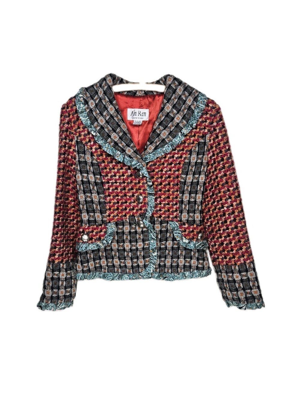 Vintage Y2K An Ren Tweed Blazer Patchwork Chenille Lace Wool Small Cottagecore